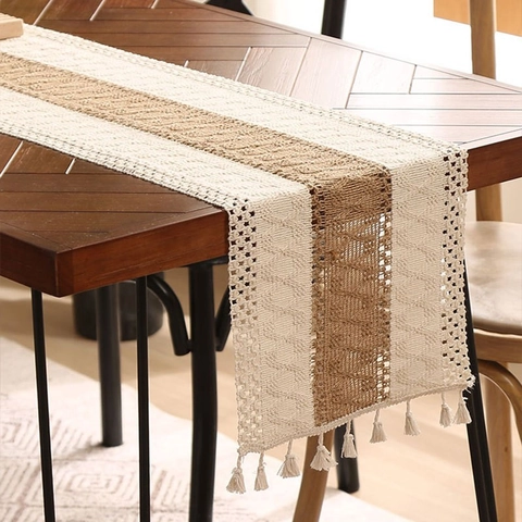 Bohemian Woven Table Runner With Tassels Polyester Geometric Hollow Out Table Runner For Dining Room Home Decoration