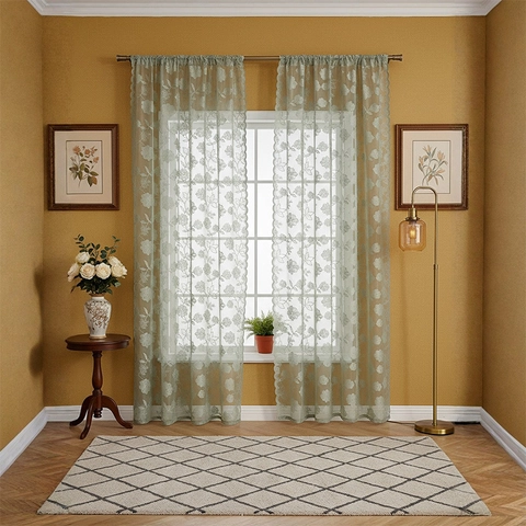 French Style Polyester Lace Voile Curtains Elegant Floral Embroidered Sheer Panels With Scalloped Edges Romantic Window Drapes For Living Room Bedroom Balcony