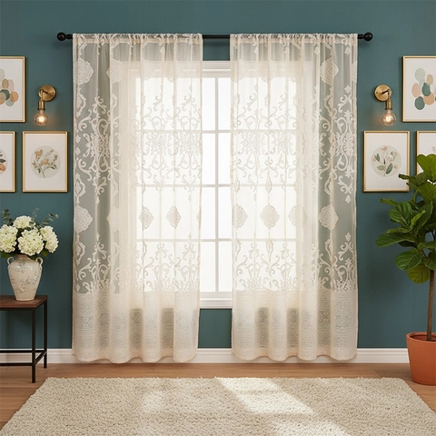 European Lace Embroidery Sheer Curtains Vintage Damascus Floral Pattern Semi-Shading Window Treatment For Living Room Bedroom