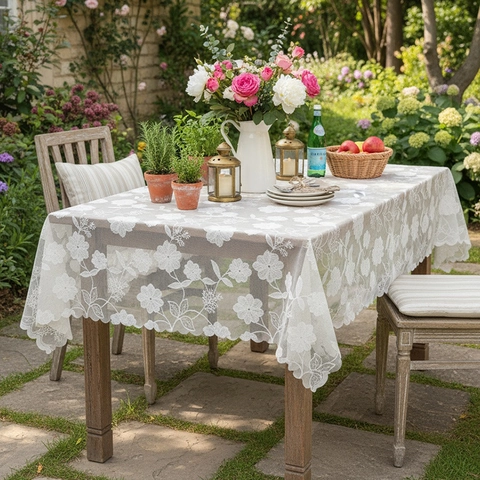 French Vintage Lace Tablecloth Floral Embroidery Polyester Hollow Out Decorative Table Cover For Dining Coffee Table Decor