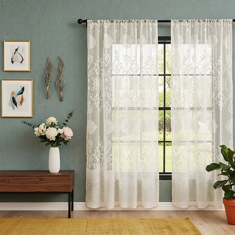 European Lace Embroidery Sheer Curtains Vintage Damascus Floral Pattern Semi-Shading Window Treatment For Living Room Bedroom