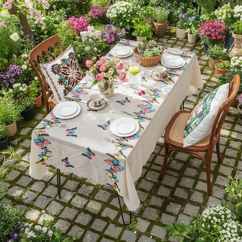 Vintage Rural Spitze Rechteckige Tischdecke Schmetterling Pilz Muster Ausgehöhlt Polyester Esstisch Abdeckung Tuch
