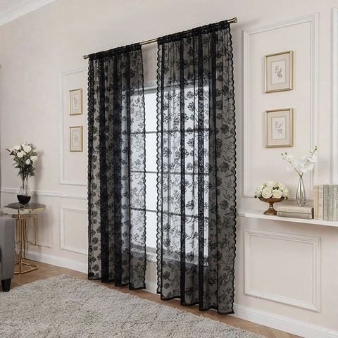 French Style Lace Sheer Curtain Floral Embroidery Scalloped Edge Window Treatment For Bedroom Living Room Balcony Home Decor