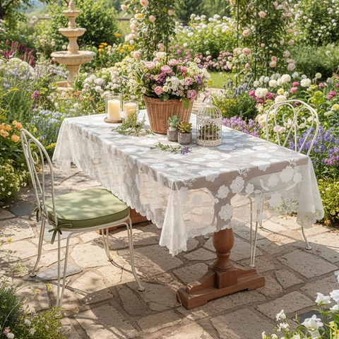 French Vintage Lace Tablecloth Floral Embroidery Polyester Hollow Out Decorative Table Cover For Dining Coffee Table Decor