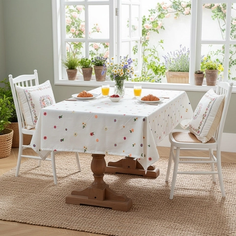 Tovaglia Pastorale Ricamata Floreale Bianca Poliestere Chiffon Rettangolare Antipolvere Per Sala Da Pranzo Casa Decorazione