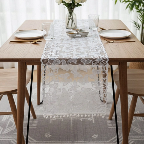 Butterfly Lace Table Runner White Embroidered Hollow Mesh Tablecloth With Pom Pom Tassel For Wedding Home Party Decoration