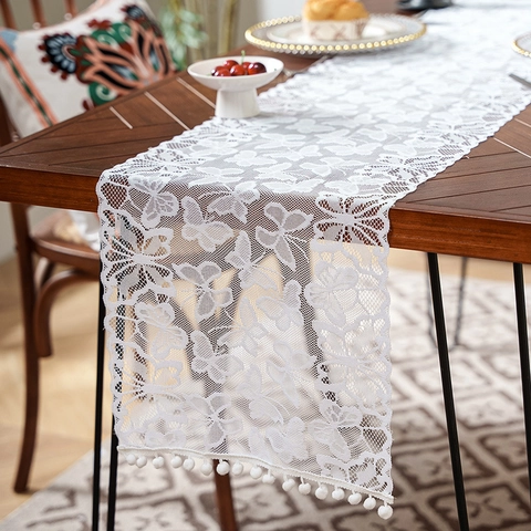 Butterfly Lace Table Runner White Embroidered Hollow Mesh Tablecloth With Pom Pom Tassel For Wedding Home Party Decoration