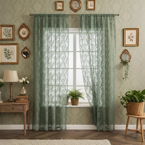 Vintage European Lace Sheer Curtains For Living Room Bedroom Damask Floral Embroidery Scalloped Edge Window Divider Drapery