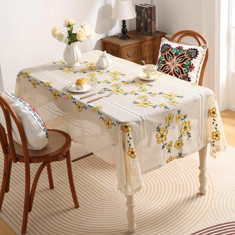 Rechteckige Bestickte Blumen Tischdecke Polyester Hohl Spitzenbesatz Ländliche Tischabdeckung Für Küche Essen Party Home Dekoration