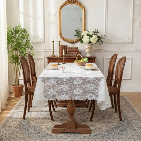 American Retro Elegant Floral Lace Tablecloth Rectangular Hollow Out Scalloped Edge Table Cloth For Dining Table Home Decor