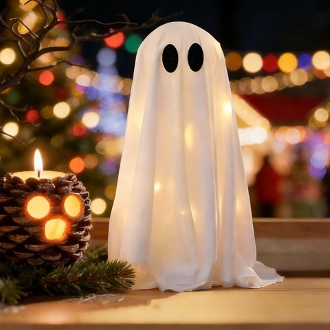 Décoration de Fantôme Lumineux LED Halloween Tissu Polyester Blanc Ornement de Fantôme pour Jardin Porche Fête Extérieur