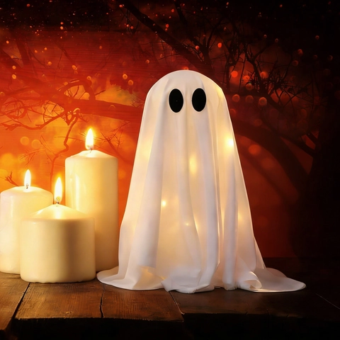Décoration de Fantôme Lumineux LED Halloween Tissu Polyester Blanc Ornement de Fantôme pour Jardin Porche Fête Extérieur
