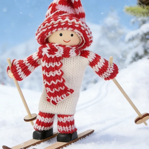 Ornamenti per l'Albero di Natale con Bambola da Sci in Legno Ciondoli in Maglia di Lana con Sci e Bastoncini Decorazioni Natalizie