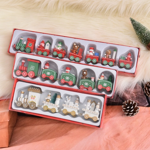 Houten Kersttrein Tafel Ornament Cartoon Kerstman Sneeuwpop Sneeuwvlok Geschilderd Feestelijke Creatieve Decoratie