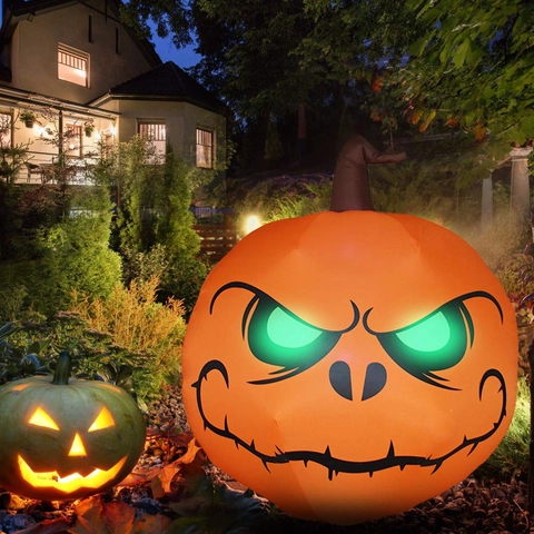 Decoración de Calabaza Inflable de Halloween Con Ojos Verdes Brillantes Sombrero de Bruja Decoración de Patio Exterior Luces LED