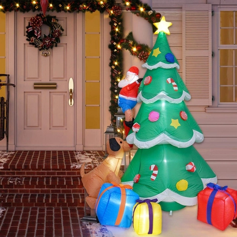 Gigante Babbo Natale Gonfiabile Che Si Arrampica Sull Albero Con Cane Scatole Regalo LED Luce Decorazione Giardino