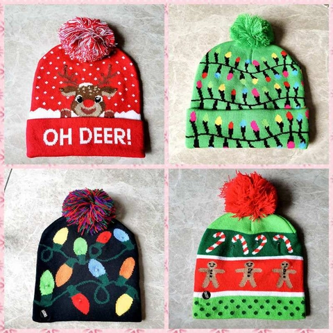 LED Christmas Light Up Knit Hat For Adult Kids Glowing Santa Hat Reindeer Gingerbread Pattern Winter Festive Beanie Hat