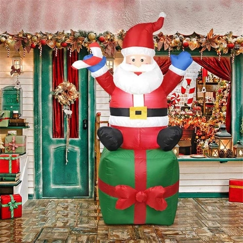Grande Babbo Natale Gonfiabile Seduto su Scatola Regalo LED Luci Decorazione Esterna Giardino Cortile