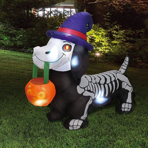 Perro Salchicha Esqueleto Inflable de Halloween de 1.5m Con Luces LED Sombrero de Mago Púrpura Cesta de Calabaza Decoración