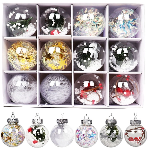 Set di Palle di Natale Trasparenti Con Aghi di Pino Artificiali Bacche Rosse Neve di Schiuma Plastica Chiara DIY Decorazioni Sospese per Albero di Natale Casa Stile Nordico