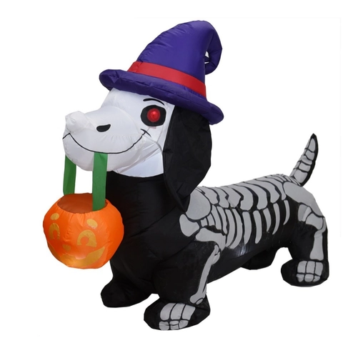 Perro Salchicha Esqueleto Inflable de Halloween de 1.5m Con Luces LED Sombrero de Mago Púrpura Cesta de Calabaza Decoración
