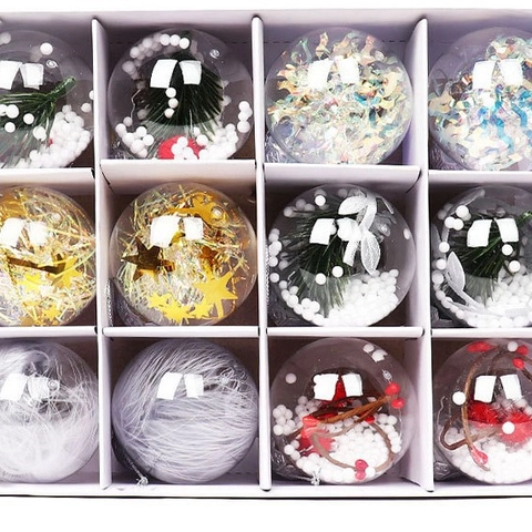 Set di Palle di Natale Trasparenti Con Aghi di Pino Artificiali Bacche Rosse Neve di Schiuma Plastica Chiara DIY Decorazioni Sospese per Albero di Natale Casa Stile Nordico