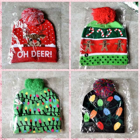 LED Christmas Light Up Knit Hat For Adult Kids Glowing Santa Hat Reindeer Gingerbread Pattern Winter Festive Beanie Hat