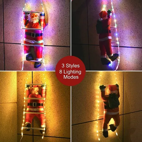 LED Christmas Santa Claus Climbing Ladder Pendant Multiple Light Modes Festive Indoor Outdoor Hanging American Style