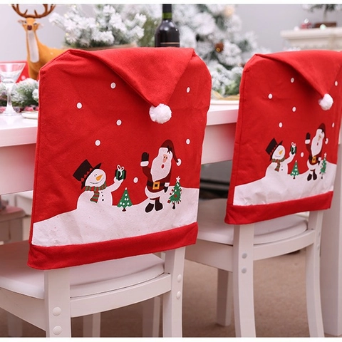 Christmas Santa Claus Snowman Chair Cover Non-woven Fabric Red White Hat Shaped Dining Room Kitchen Festive Decor Accessory
