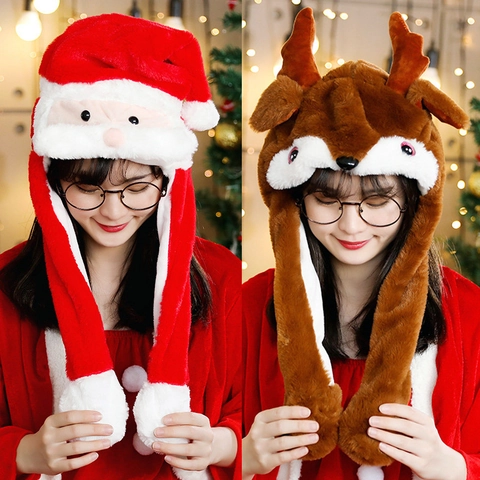 Moving Ears Christmas Hat Santa Claus Reindeer Snowman Plush Festive Party Hat For Women Kids Winter Warm Novelty Headwear Gift