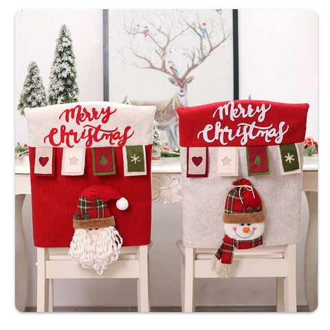 Festive Christmas Chair Covers Polyester Embroidery Santa Snowman Reindeer Chair Back Covers For Dining Party Decor Home
