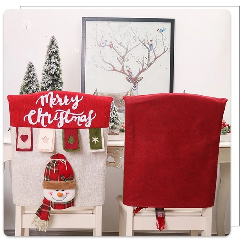 Festive Christmas Chair Covers Polyester Embroidery Santa Snowman Reindeer Chair Back Covers For Dining Party Decor Home