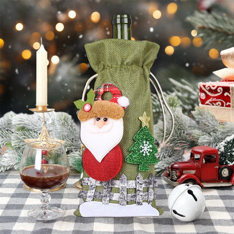 Weihnachten Jute Weinflaschenhülle Cartoon Weihnachtsmann Schneemann Rentier Puppe Kordelzug Geschenktüte Für Festliche Party Tischdeko