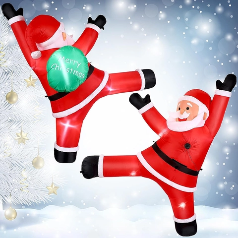Large Inflatable Santa Claus Climbing Wall Outdoor Decoration 6.6ft Tall Polyester Ornament With LED Light For Garden Decor