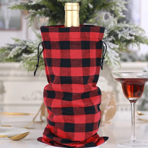 Christmas Buffalo Plaid Wine Bottle Bag Burlap Drawstring Gift Bag Red Black White Plaid Wine Cover For Party Table