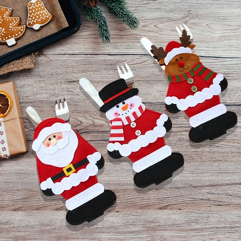 Noël Père Noël Bonhomme de Neige Renne Porte-Couverts en Feutre Sacs à Vaisselle Décoration de Table de Salle à Manger Festive Ornement de Fête