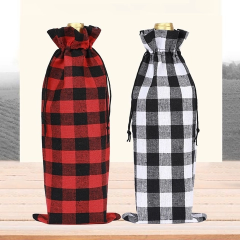 Christmas Buffalo Plaid Wine Bottle Bag Burlap Drawstring Gift Bag Red Black White Plaid Wine Cover For Party Table