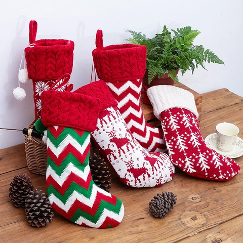 Christmas Knitted Stocking Festive Reindeer Snowflake Tree Pattern Fireplace Hanging Holiday Decoration Gift Candy Bag Storage