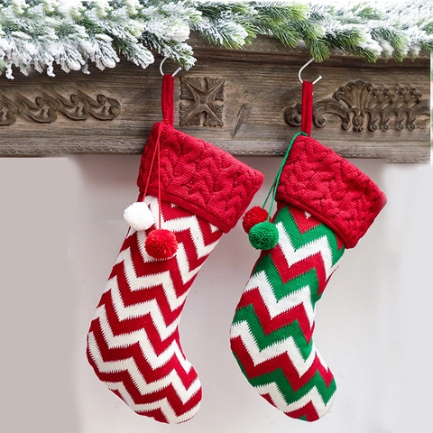 Christmas Knitted Stocking Festive Reindeer Snowflake Tree Pattern Fireplace Hanging Holiday Decoration Gift Candy Bag Storage
