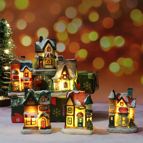 Village De Noël Maison Miniature En Résine Lumineuse Scène De Neige Décoration De Table Lumière LED Chaude Paysage D'hiver