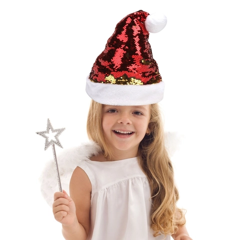 Cappello di Natale con Paillettes Reversibili per Adulti Bambini Rosso Verde Oro Flip Lucido Peluche Babbo Natale Decorazioni Festa
