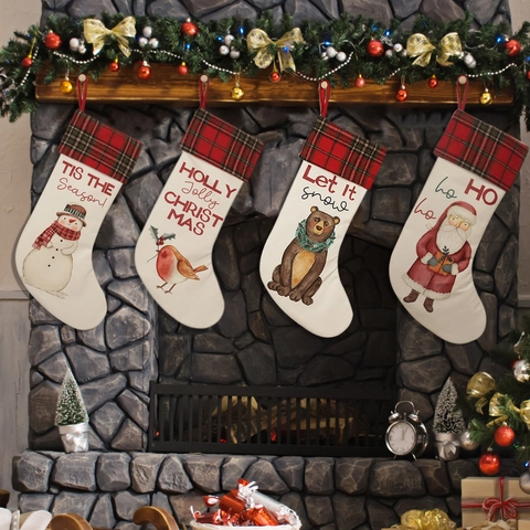 Grandi Calze di Natale con Polsino a Quadri Borsa Regalo da Appendere al Camino Modelli di Babbo Natale Pupazzo di Neve Orso