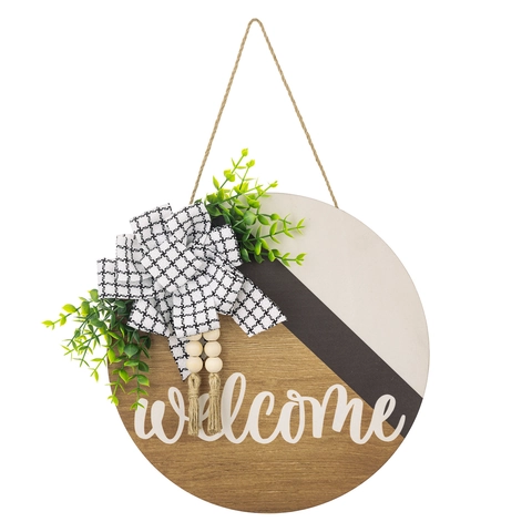 Round Wooden Welcome Sign Front Door Decor With Buffalo Check Bow Faux Eucalyptus Wood Bead Tassel Farmhouse Wall Hanging