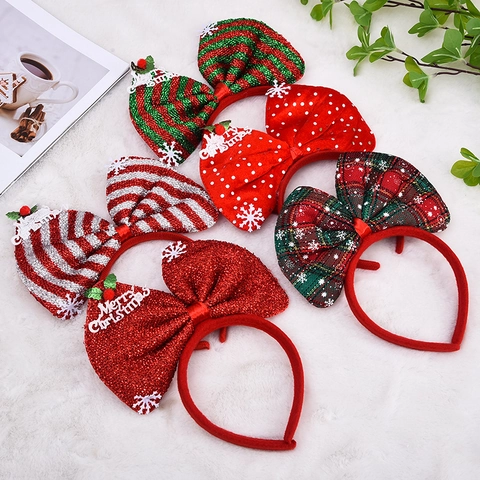 Diadema con Lazo Grande de Navidad Niños Adultos Decoración Fiesta Lentejuelas Rayas Cuadros Merry Christmas Accesorio