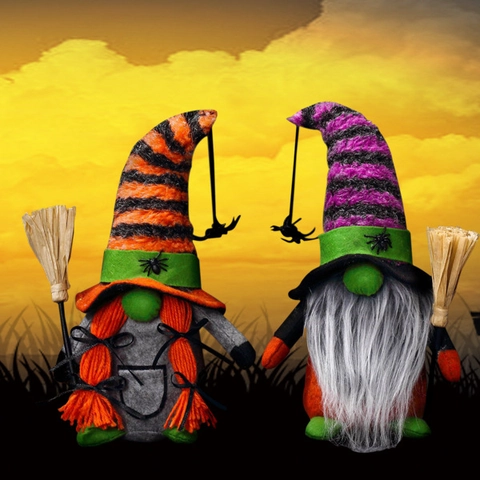 Decoración de Gnomo de Halloween Peluche Muñeco Rudolph Sin Rostro Con Sombrero de Bruja Escoba Araña para Hogar Fiesta
