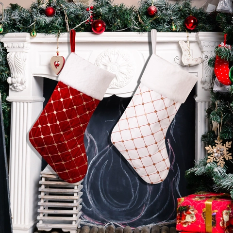 Calza di Natale Grande Motivo a Griglia Oro Paillettes Borsa Regalo Con Bordo in Peluche Bianco Decorazione da Appendere per Albero di Natale Rosso Bianco Tessuto