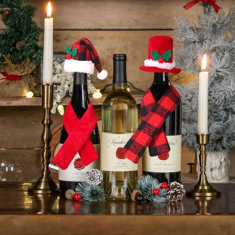 Christmas Wine Bottle Cover Decoration Mini Santa Hat Scarf Set Plaid Fabric Wine Bottle Ornaments For Holiday Party Table Decor