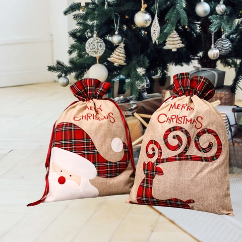 Large Christmas Burlap Gift Bag With Plaid Edge Drawstring Candy Sack Santa Reindeer Embroidery For Holiday Party Home Decor