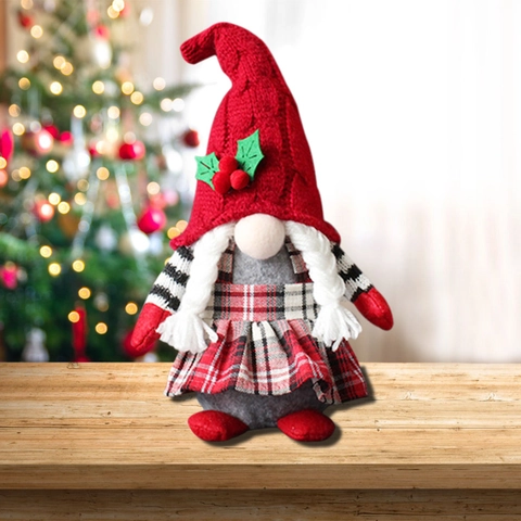 Gnome de Noël Poupée en Peluche Tomte Nain Sans Visage Figurine Chapeau Plaid Rouge Décoration de Table Maison Cadeau Noël