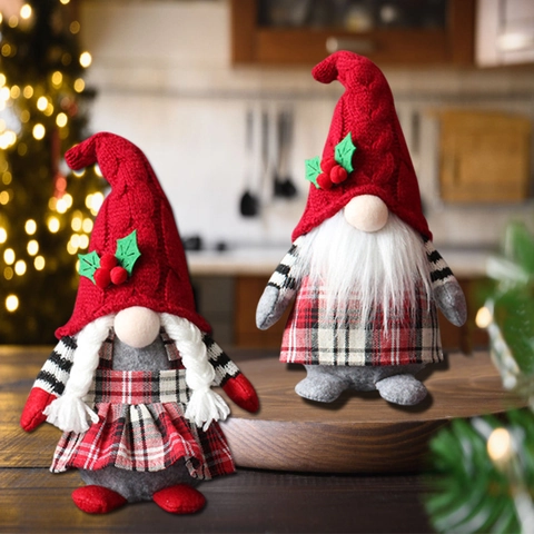 Gnome de Noël Poupée en Peluche Tomte Nain Sans Visage Figurine Chapeau Plaid Rouge Décoration de Table Maison Cadeau Noël